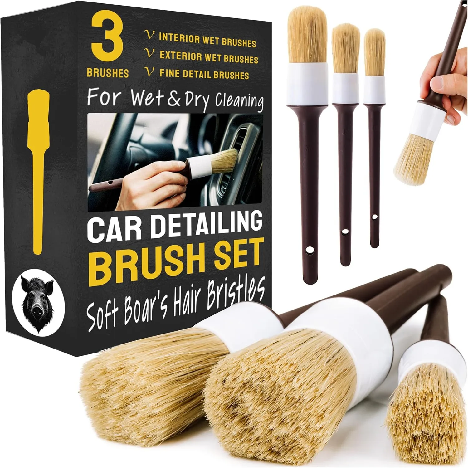 Car Detailing Brush Set Boar Hair Interior - Набор щеток для детейлинга автомобиля, 3