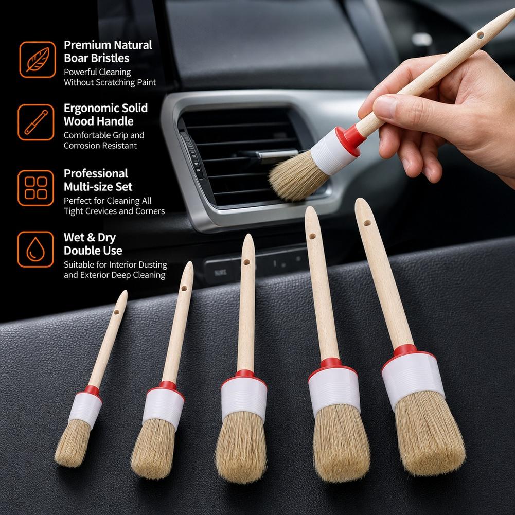 Car Detailing Brush Set Boar Hair Interior - Набор из 5 щеток для ухода